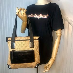 GUCCI GG Monogram Canvas Leather Tote Bag Zipper Closure Front Zipper Pocket VTG